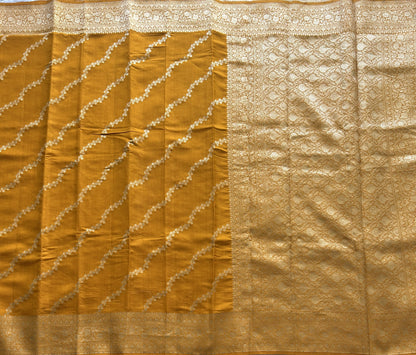 Pure Chiniya Silk Saree Apricot Colored Elegantly Paired with a Gold Zari Border. - Sampradaya Designer Studio