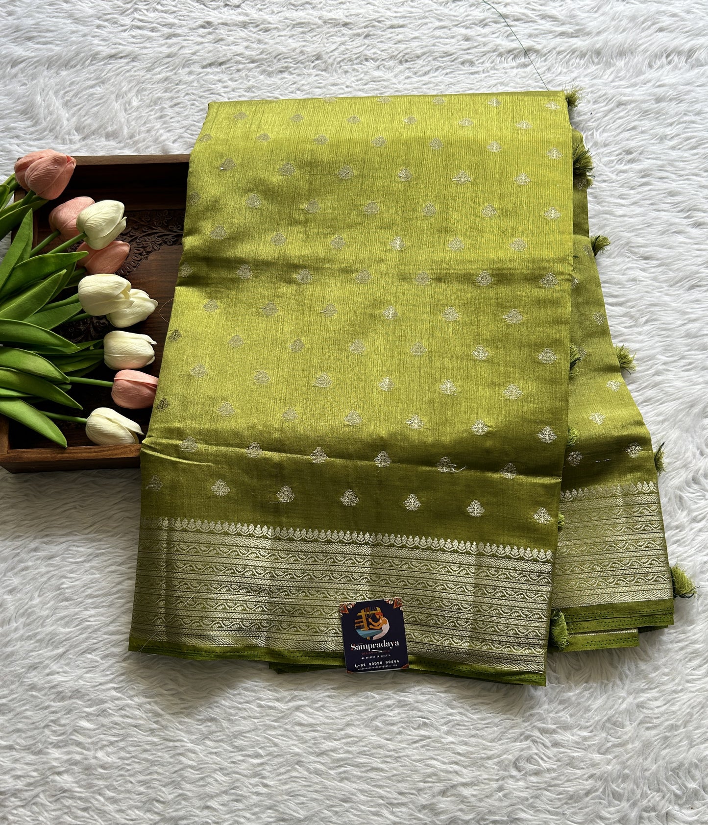 Semi Tussar Saree Green Colored Complemented with a Zari Border. - Sampradaya Designer Studio