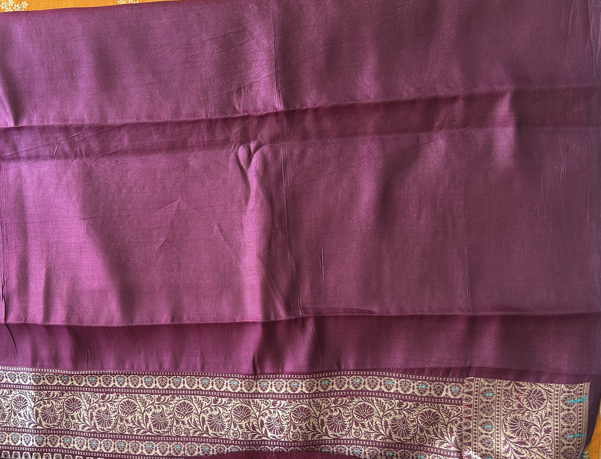 Pure Chiniya Silk Saree Apricot Colored Elegantly Paired with a Gold Zari Border. - Sampradaya Designer Studio