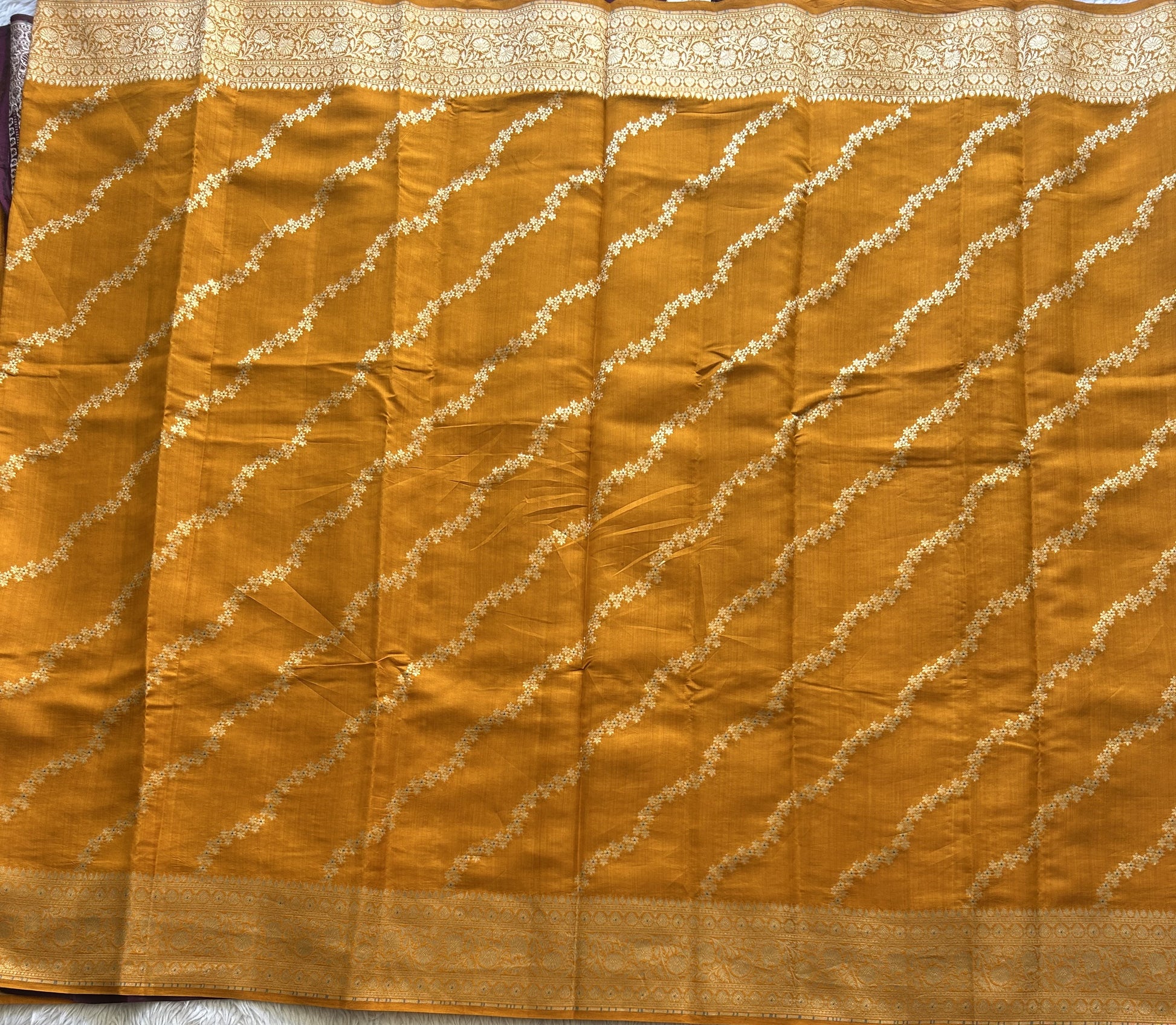 Pure Chiniya Silk Saree Apricot Colored Elegantly Paired with a Gold Zari Border. - Sampradaya Designer Studio