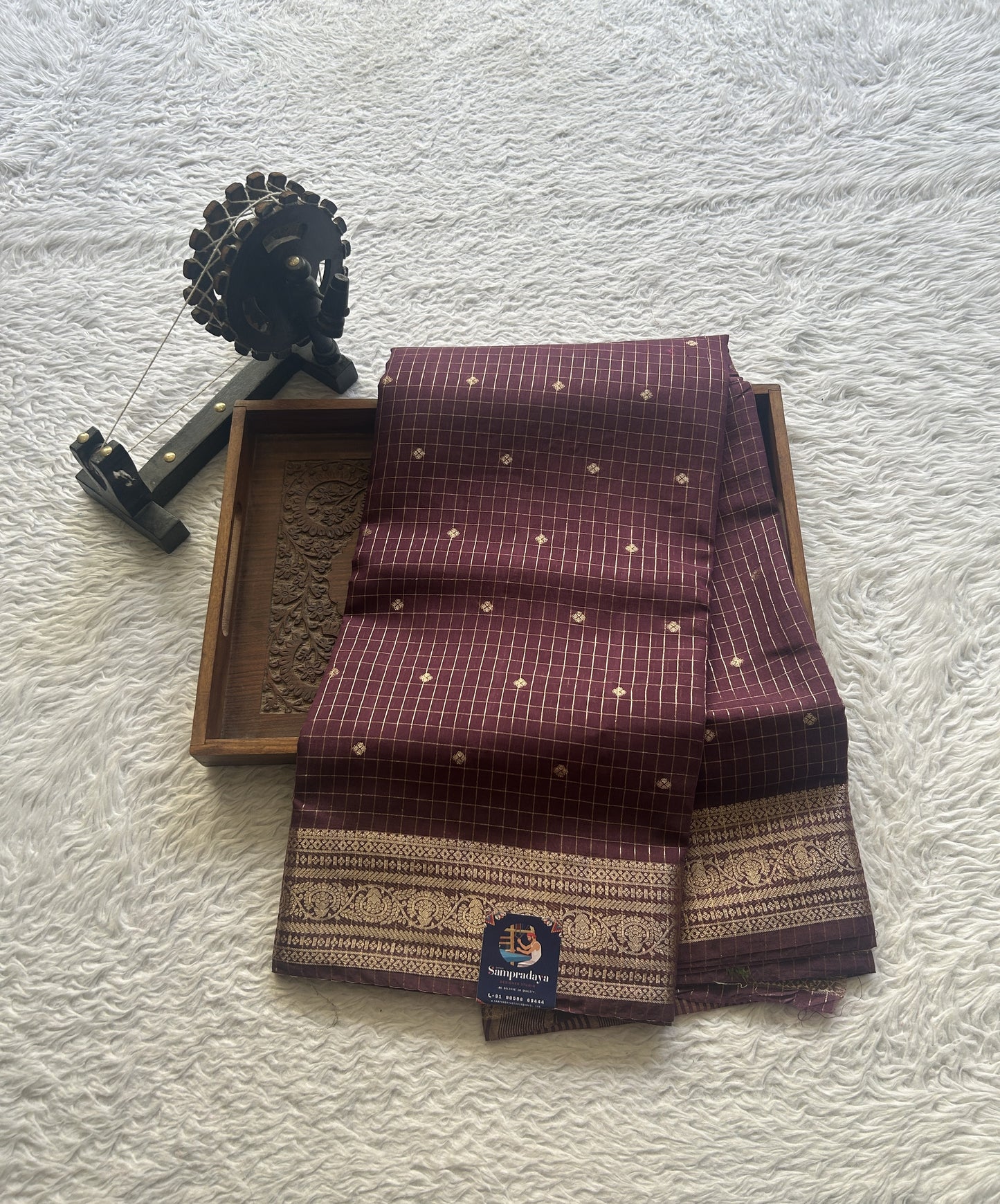 Semi Georgette Checks Saree Dark Purple Colored Paired with a Zari Border. - Sampradaya Designer Studio
