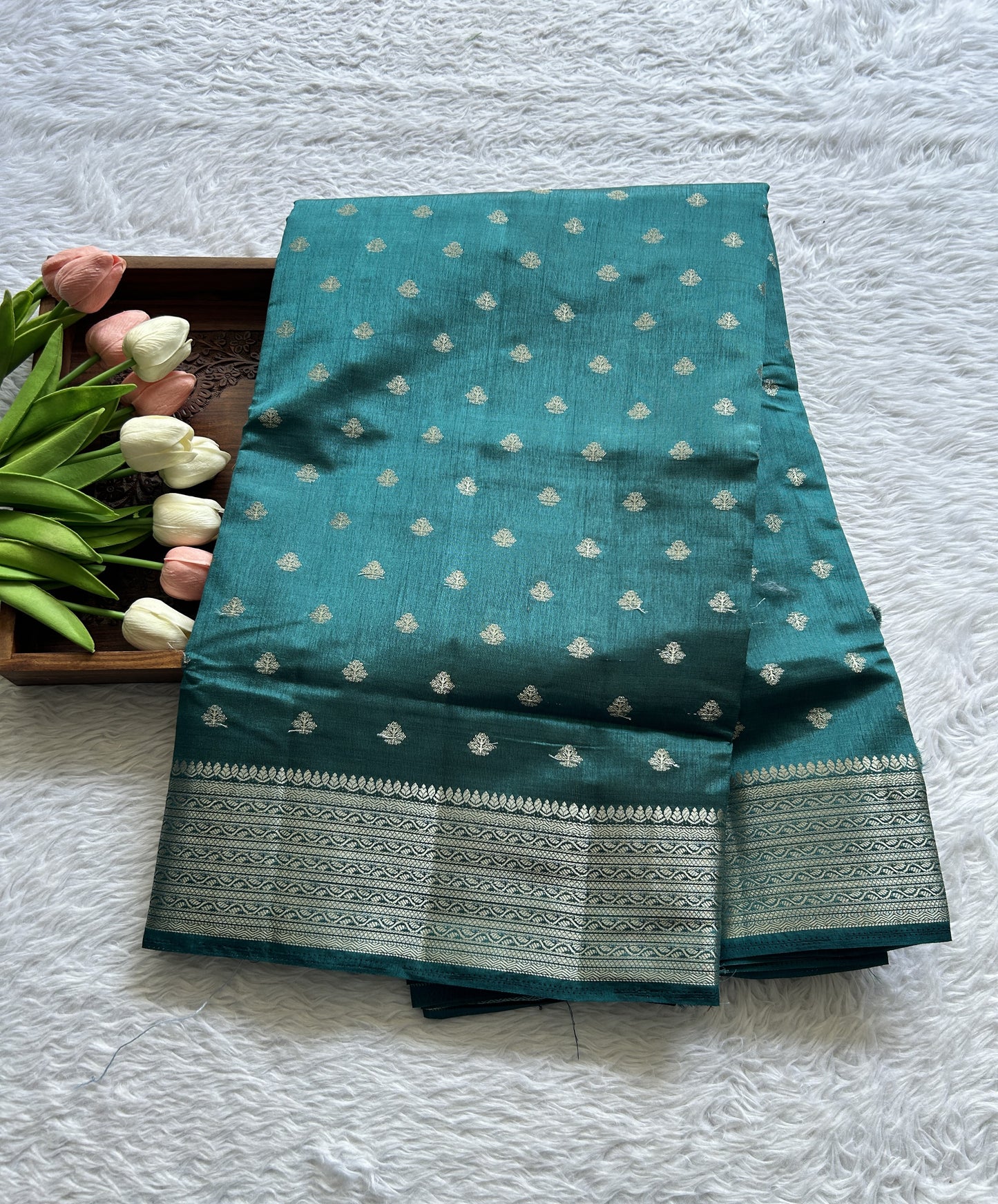 Semi Tussar Saree Teal Blue Colored Complemented with a Zari Border. - Sampradaya Designer Studio