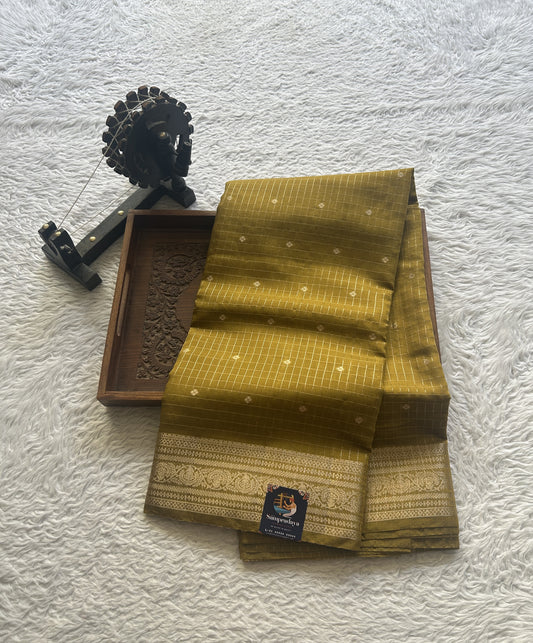 Semi Georgette Checks Saree Mustard Colored Paired with a Zari Border. - Sampradaya Designer Studio