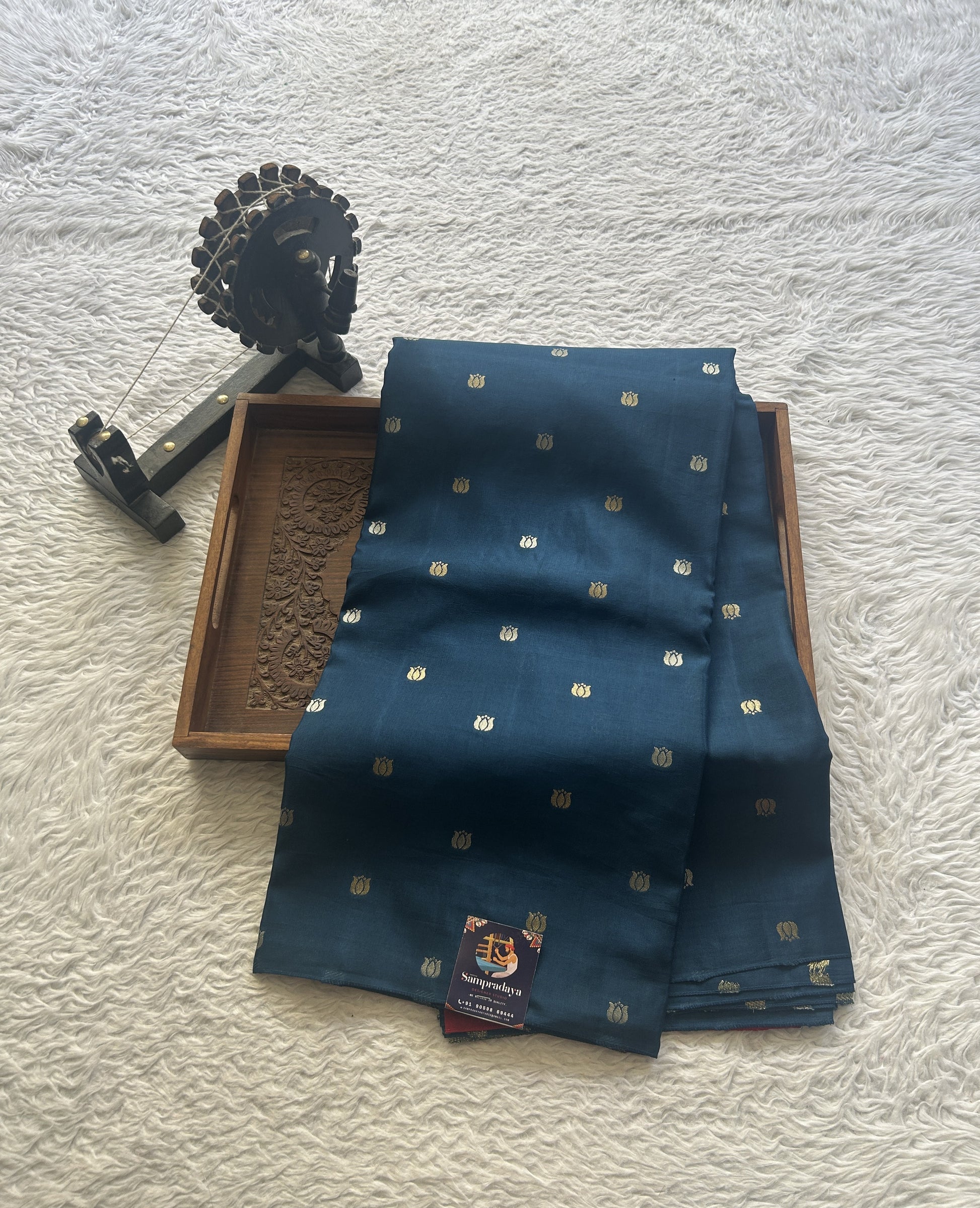 Semi Georgette Saree Peacock Blue Colored Paired with a Borderless. - Sampradaya Designer Studio