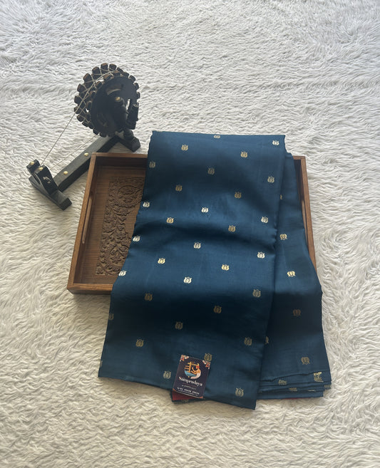 Semi Georgette Saree Peacock Blue Colored Paired with a Borderless. - Sampradaya Designer Studio