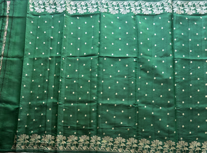 Pure Chiniya Silk Saree Dark Green Colored Elegantly Paired with a Silver Zari Border. - Sampradaya Designer Studio