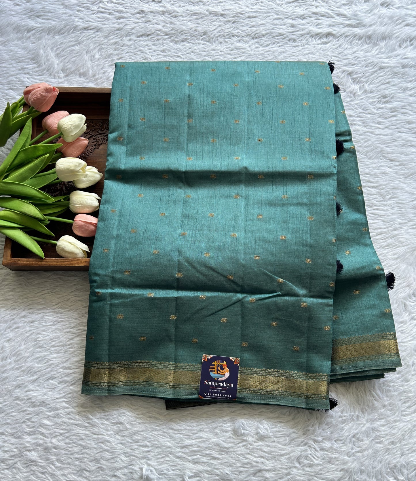Semi Tussar Saree Sea Blue Colored Complemented with a Zari Border. - Sampradaya Designer Studio