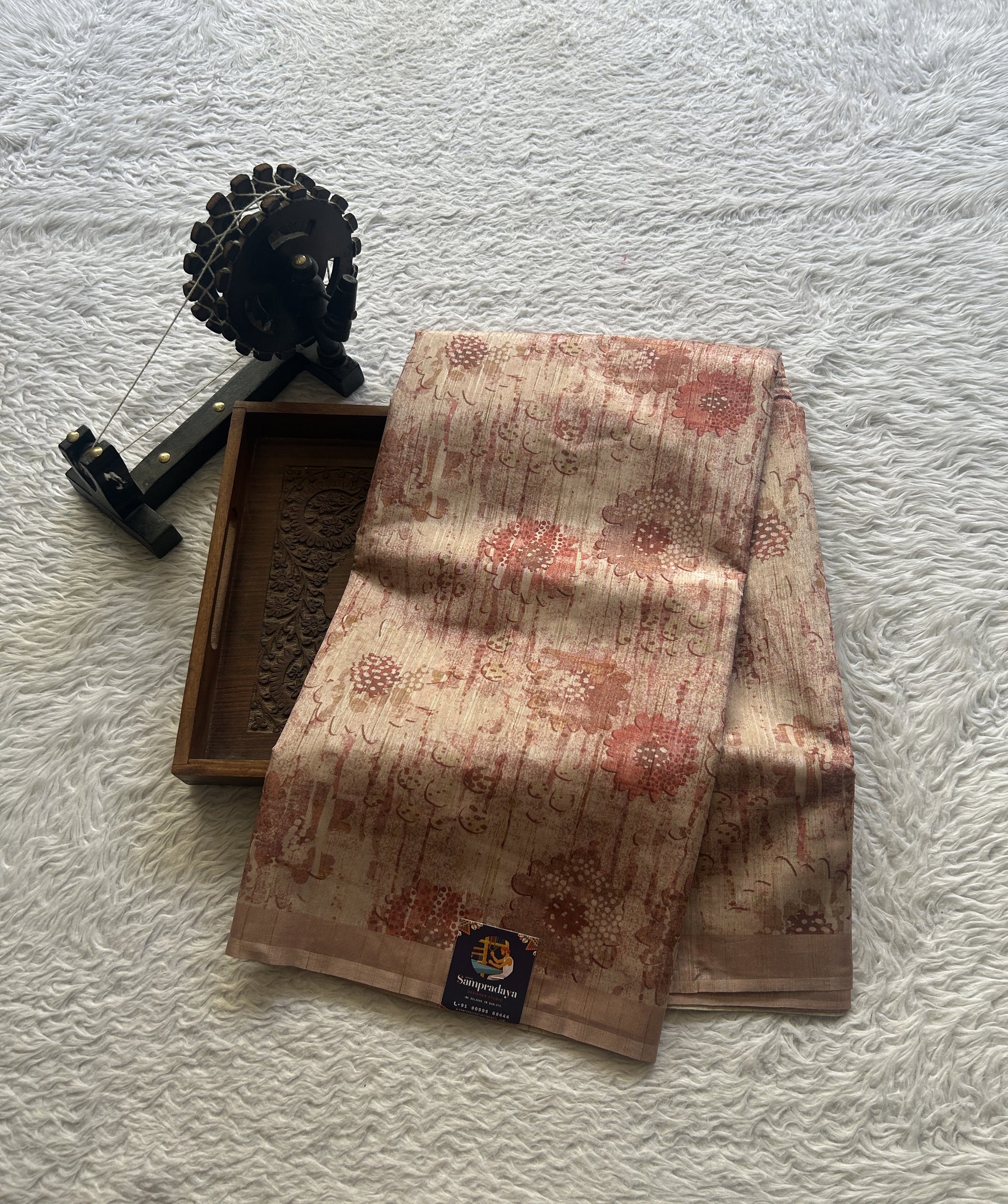 Semi Tussar Saree  Colored Very Light Peach Complemented with a Borderless. - Sampradaya Designer Studio