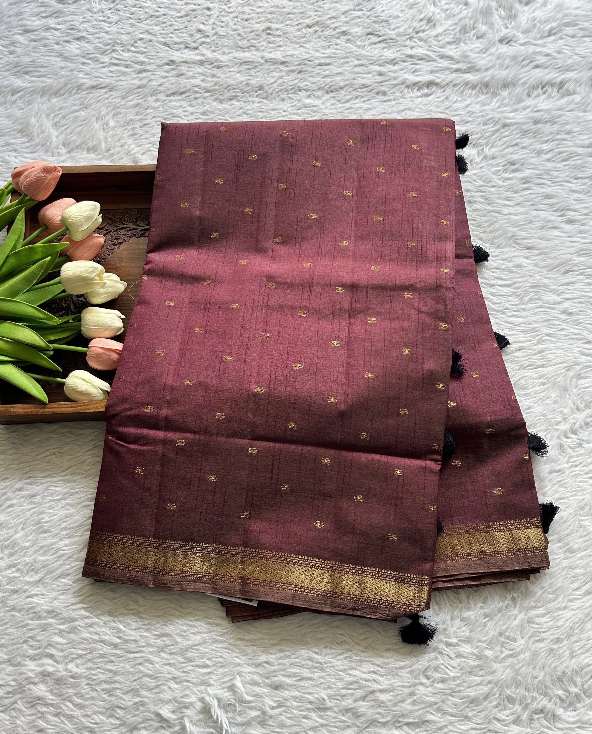 Semi Tussar Saree Brown Magenta Colored Complemented with a Zari Border. - Sampradaya Designer Studio
