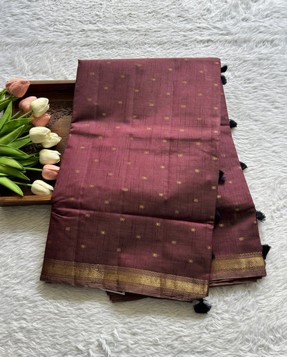 Semi Tussar Saree Brown Magenta Colored Complemented with a Zari Border. - Sampradaya Designer Studio