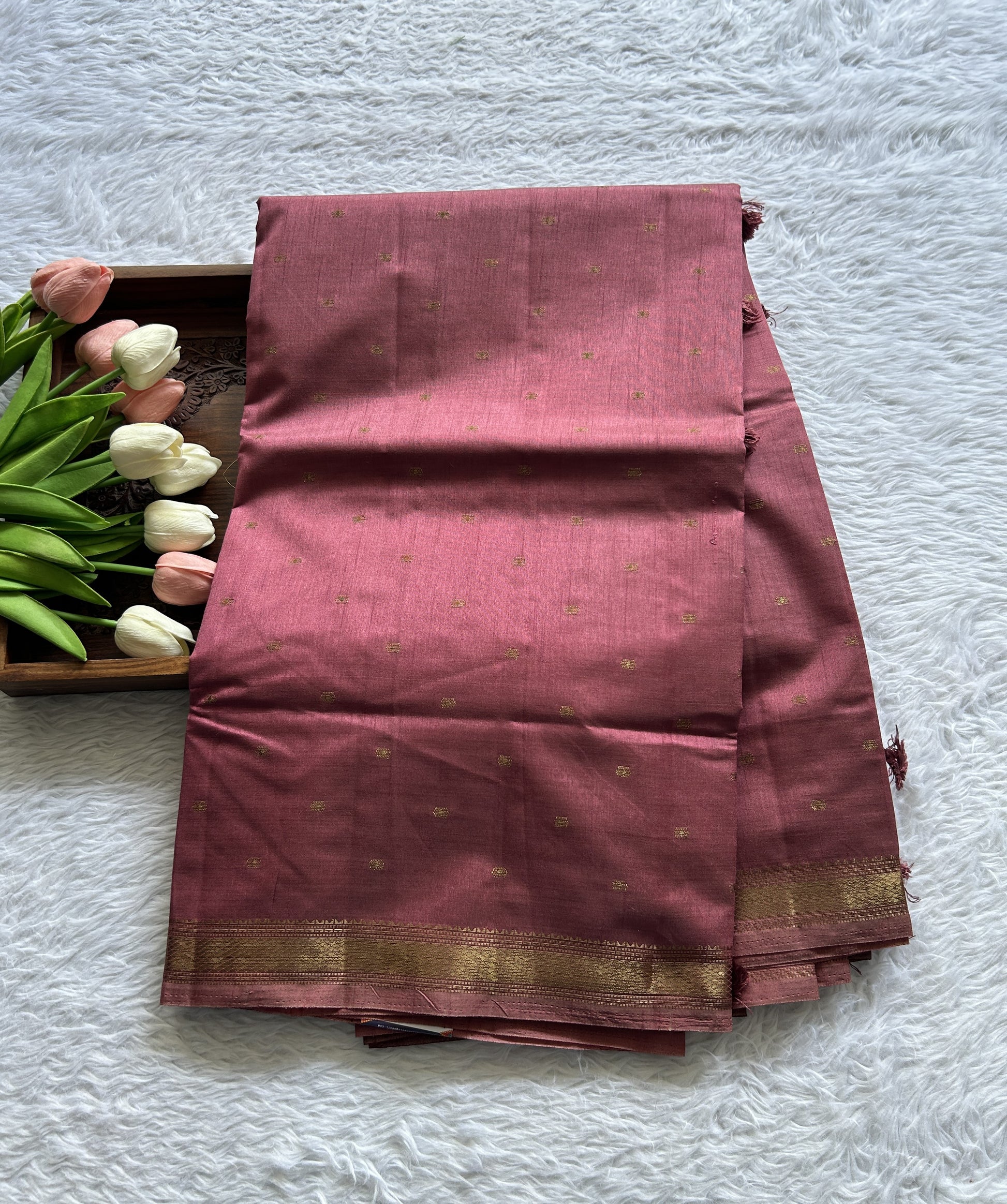 Semi Tussar Saree Onion Pink Colored Complemented with a Zari Border. - Sampradaya Designer Studio