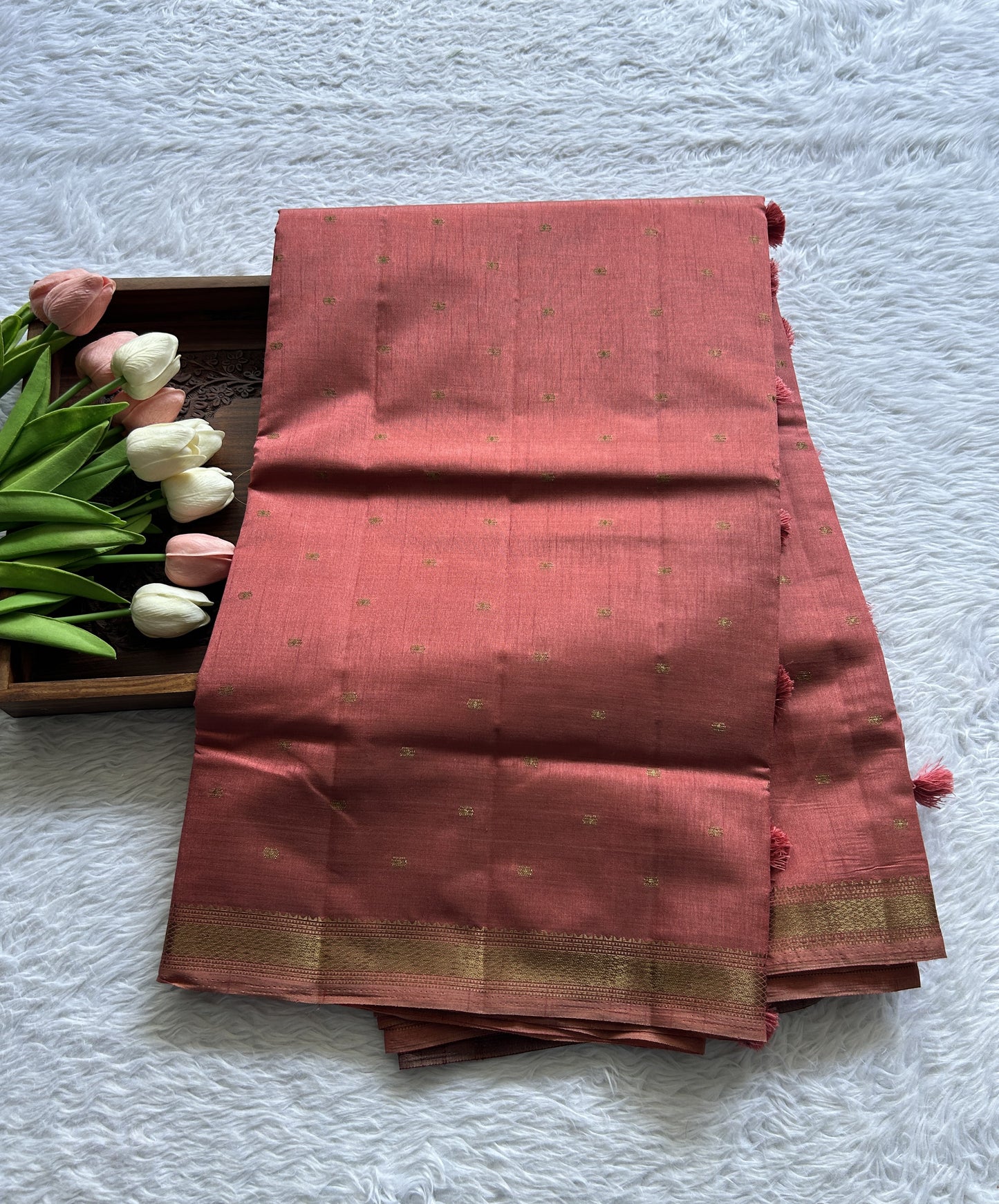 Semi Tussar Saree Dark Peach Colored Complemented with a Zari Border. - Sampradaya Designer Studio