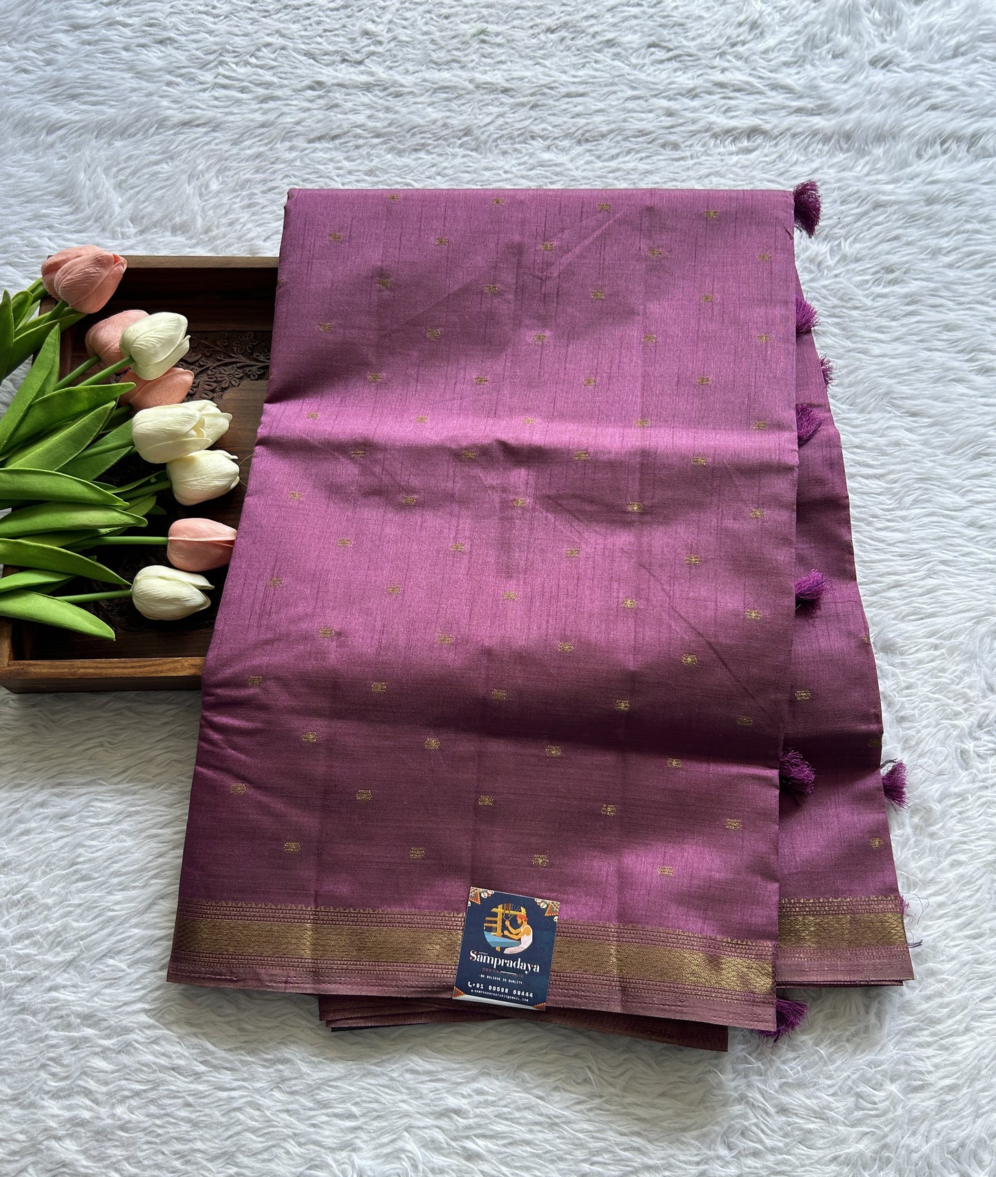 Semi Tussar Saree Dark Lavender Colored Complemented with a Zari Border. - Sampradaya Designer Studio