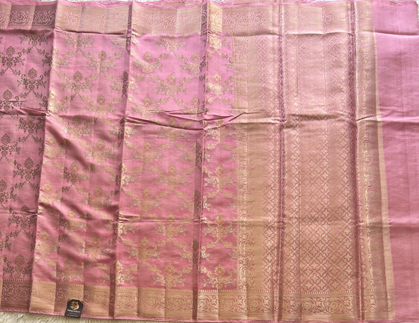 Pure Chiniya Silk Saree Bubblegum Pink Colored Elegantly Paired with a Silver Zari Border. - Sampradaya Designer Studio