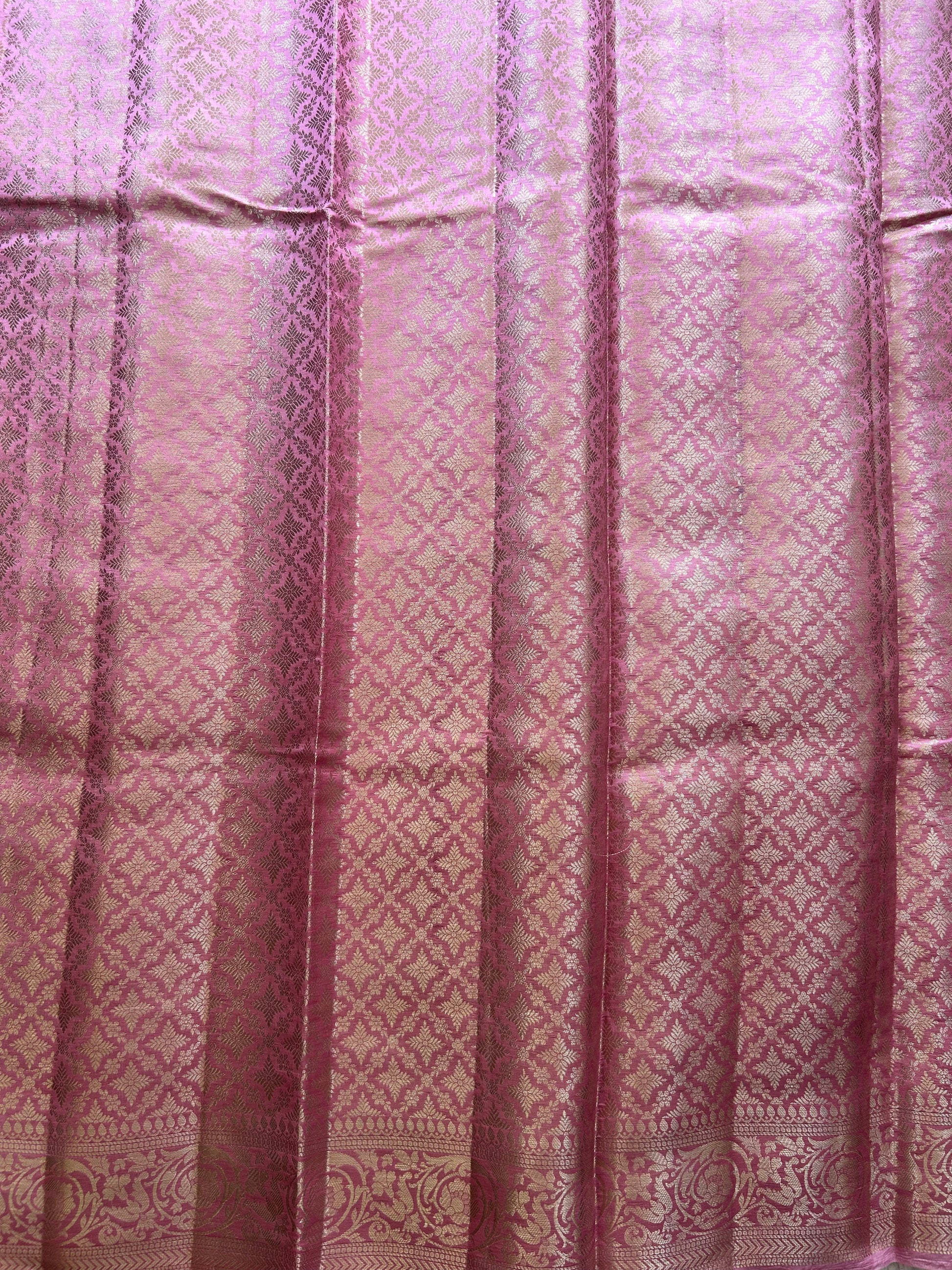 Pure Chiniya Silk Saree Bubblegum Pink Colored Elegantly Paired with a Silver Zari Border. - Sampradaya Designer Studio