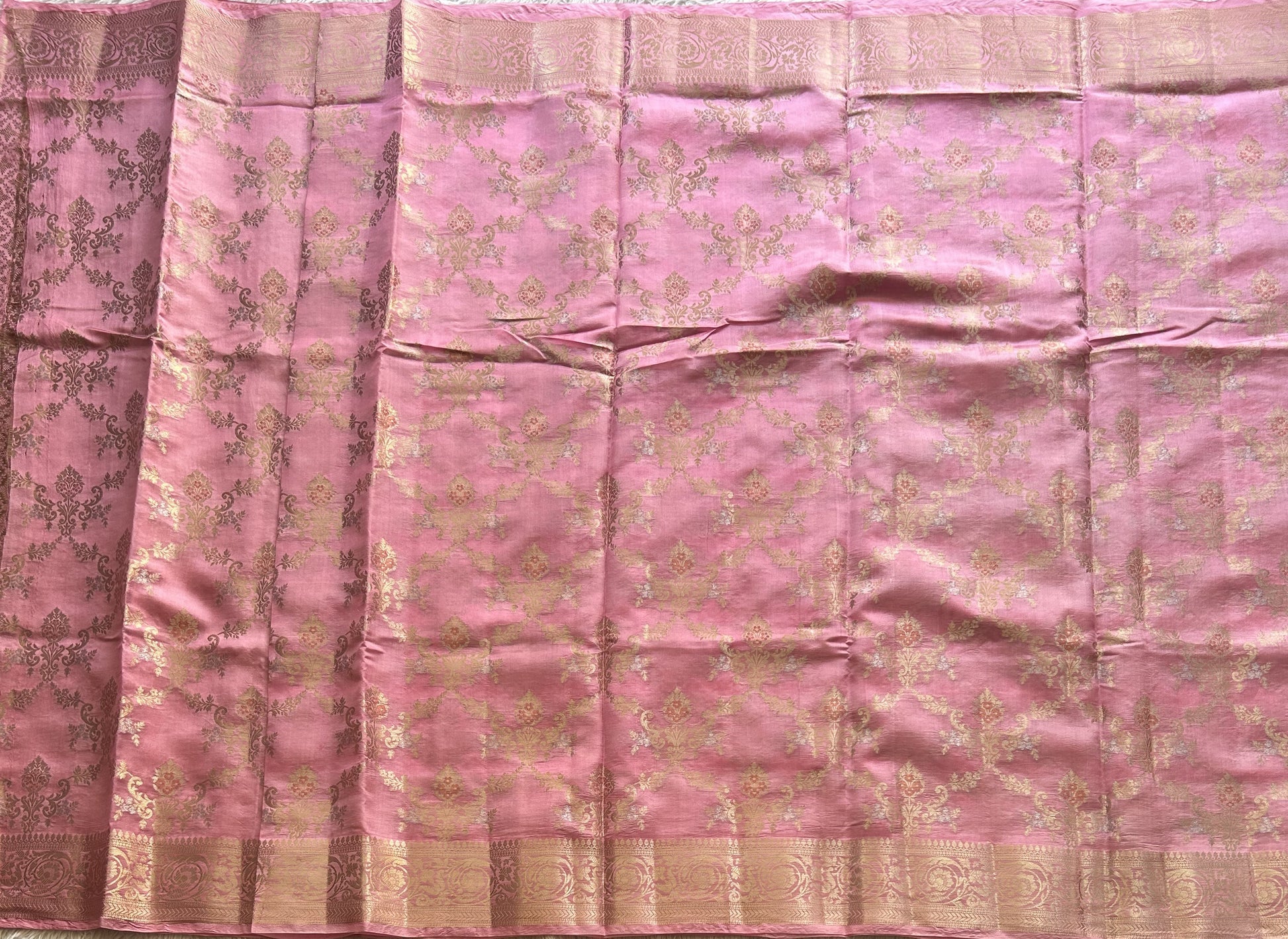 Pure Chiniya Silk Saree Bubblegum Pink Colored Elegantly Paired with a Silver Zari Border. - Sampradaya Designer Studio