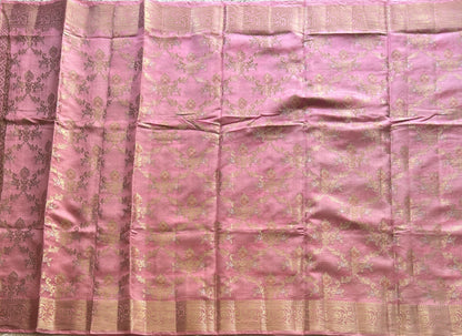 Pure Chiniya Silk Saree Bubblegum Pink Colored Elegantly Paired with a Silver Zari Border. - Sampradaya Designer Studio