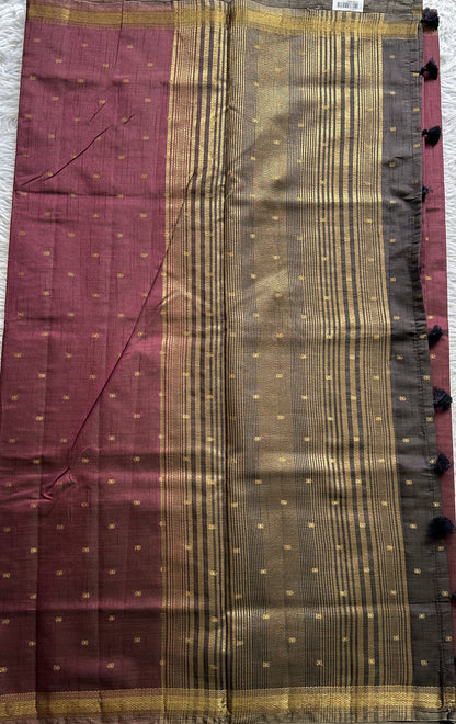 Semi Tussar Saree Brown Magenta Colored Complemented with a Zari Border. - Sampradaya Designer Studio