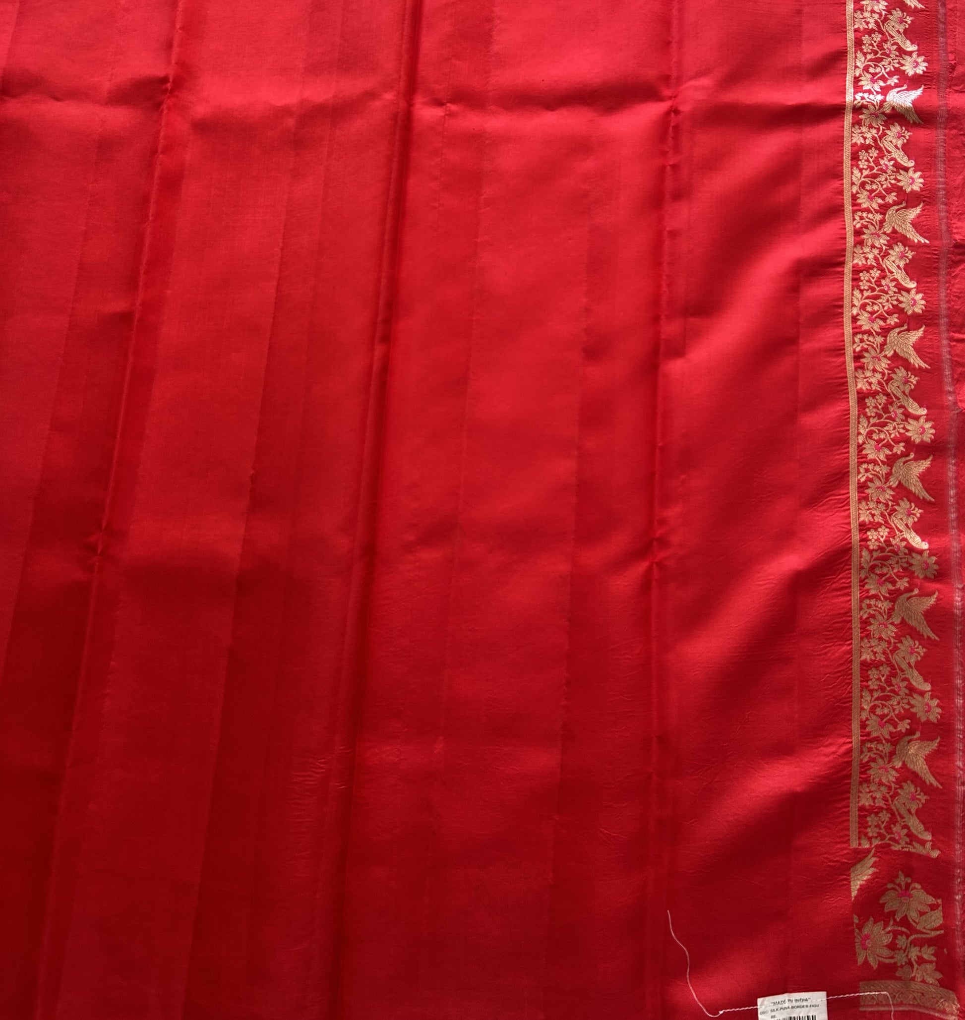 Pure Chiniya Silk Saree Red Colored Elegantly Paired with a Silver Zari Border. - Sampradaya Designer Studio