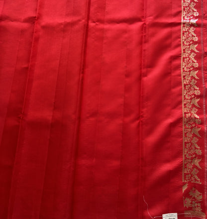 Pure Chiniya Silk Saree Red Colored Elegantly Paired with a Silver Zari Border. - Sampradaya Designer Studio