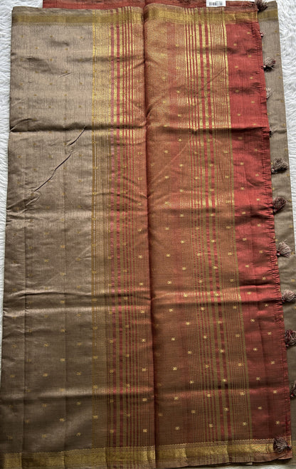 Semi Tussar Saree Snuff Colored Complemented with a Zari Border. - Sampradaya Designer Studio