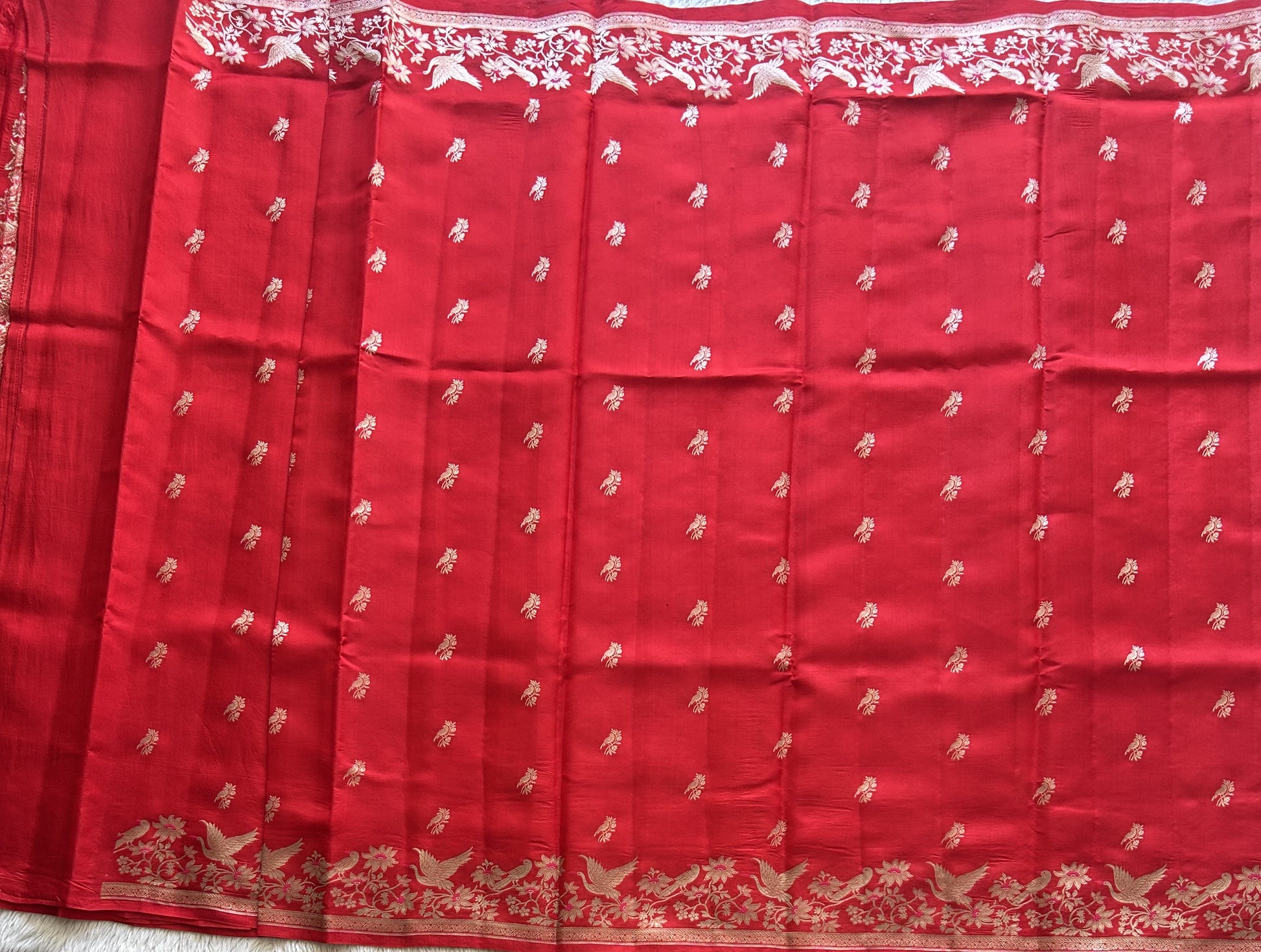Pure Chiniya Silk Saree Red Colored Elegantly Paired with a Silver Zari Border. - Sampradaya Designer Studio