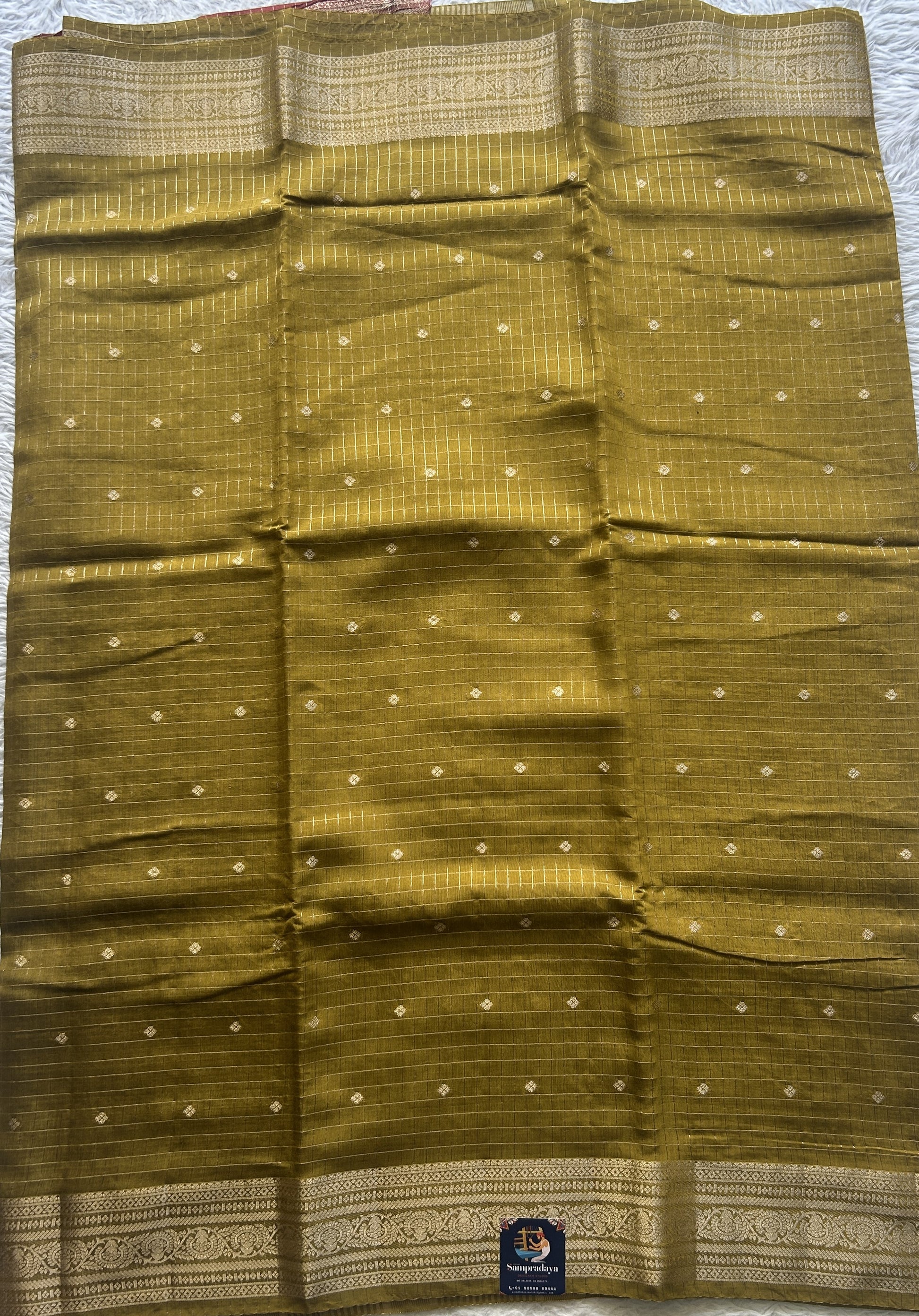 Semi Georgette Checks Saree Mustard Colored Paired with a Zari Border. - Sampradaya Designer Studio