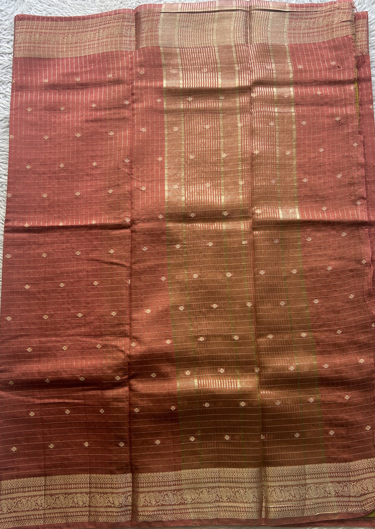 Semi Georgette Checks Saree Melon Colored Paired with a Zari Border. - Sampradaya Designer Studio