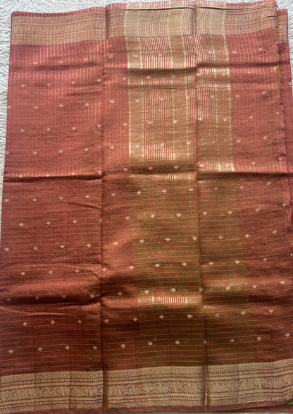 Semi Georgette Checks Saree Melon Colored Paired with a Zari Border. - Sampradaya Designer Studio