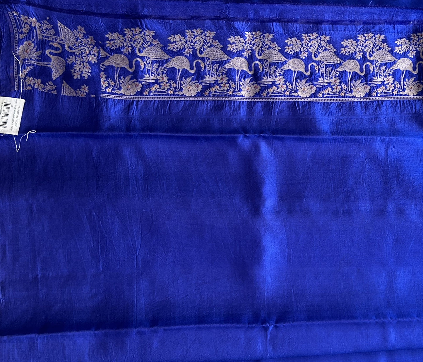 Pure Chiniya Silk Saree Vivid Blue Colored Elegantly Paired with a Silver Zari Border. - Sampradaya Designer Studio