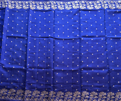 Pure Chiniya Silk Saree Vivid Blue Colored Elegantly Paired with a Silver Zari Border. - Sampradaya Designer Studio