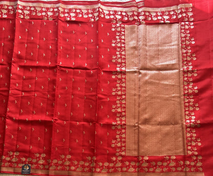 Pure Chiniya Silk Saree Tomato Red Colored Elegantly Paired with a Silver Zari Border. - Sampradaya Designer Studio