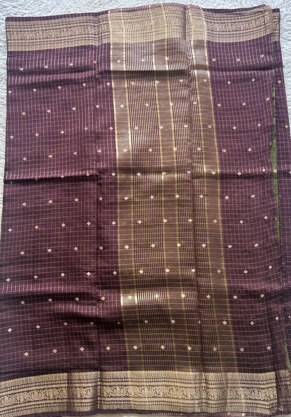 Semi Georgette Checks Saree Dark Purple Colored Paired with a Zari Border. - Sampradaya Designer Studio