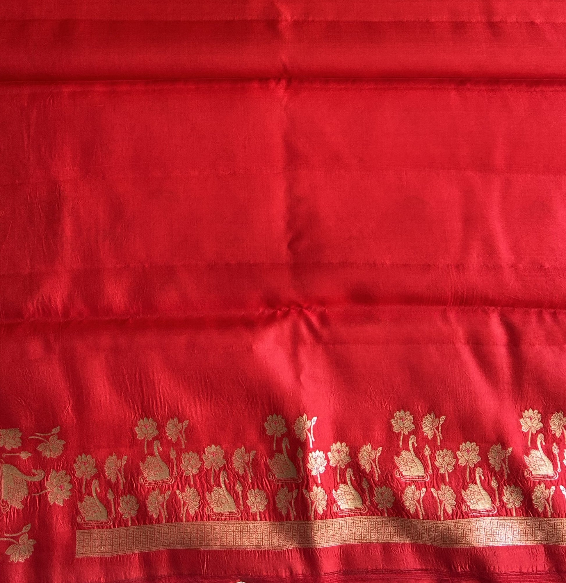 Pure Chiniya Silk Saree Tomato Red Colored Elegantly Paired with a Silver Zari Border. - Sampradaya Designer Studio