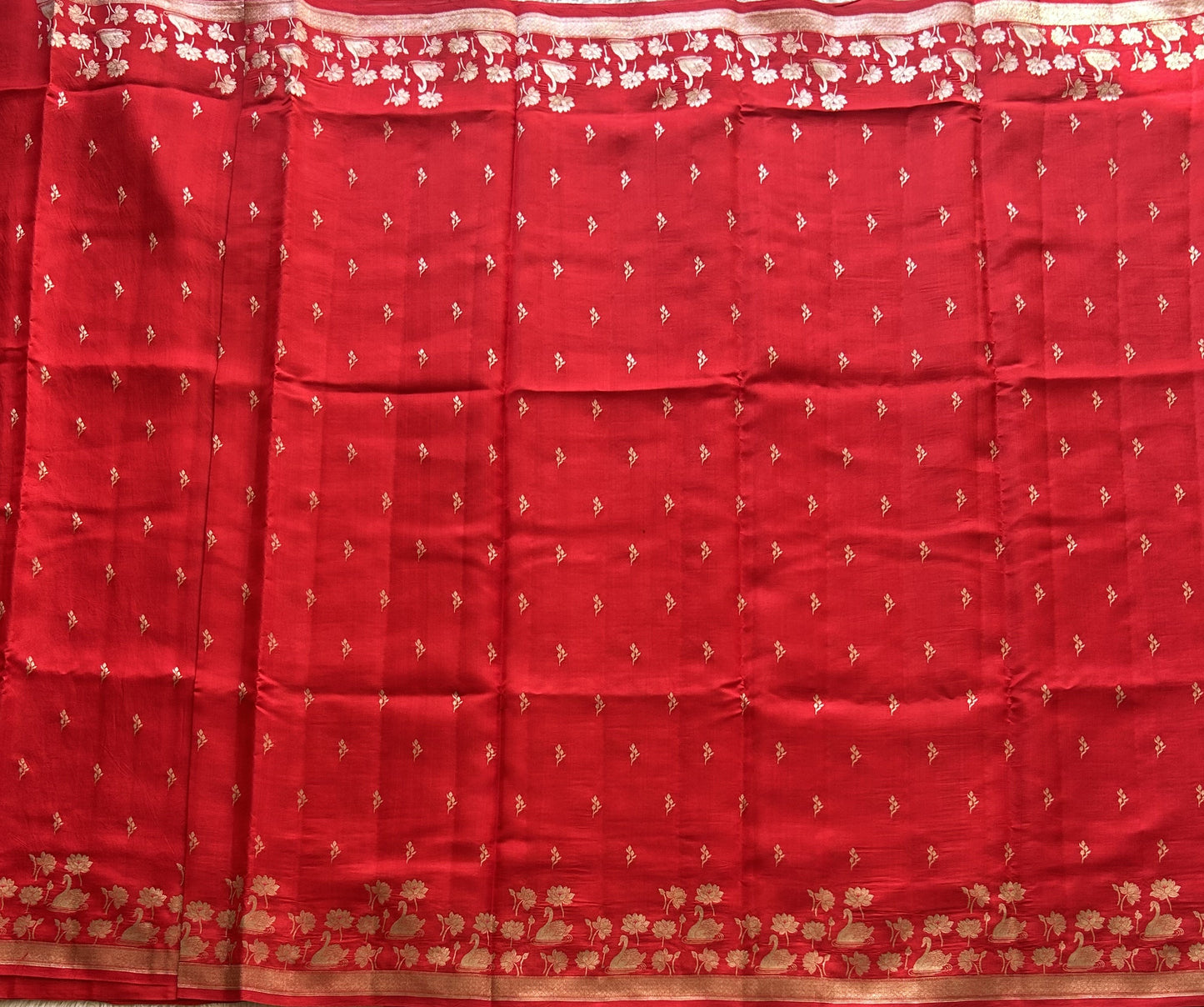 Pure Chiniya Silk Saree Tomato Red Colored Elegantly Paired with a Silver Zari Border. - Sampradaya Designer Studio