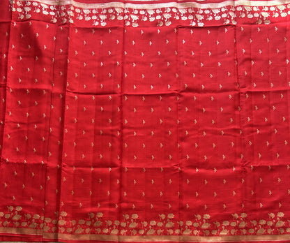 Pure Chiniya Silk Saree Tomato Red Colored Elegantly Paired with a Silver Zari Border. - Sampradaya Designer Studio