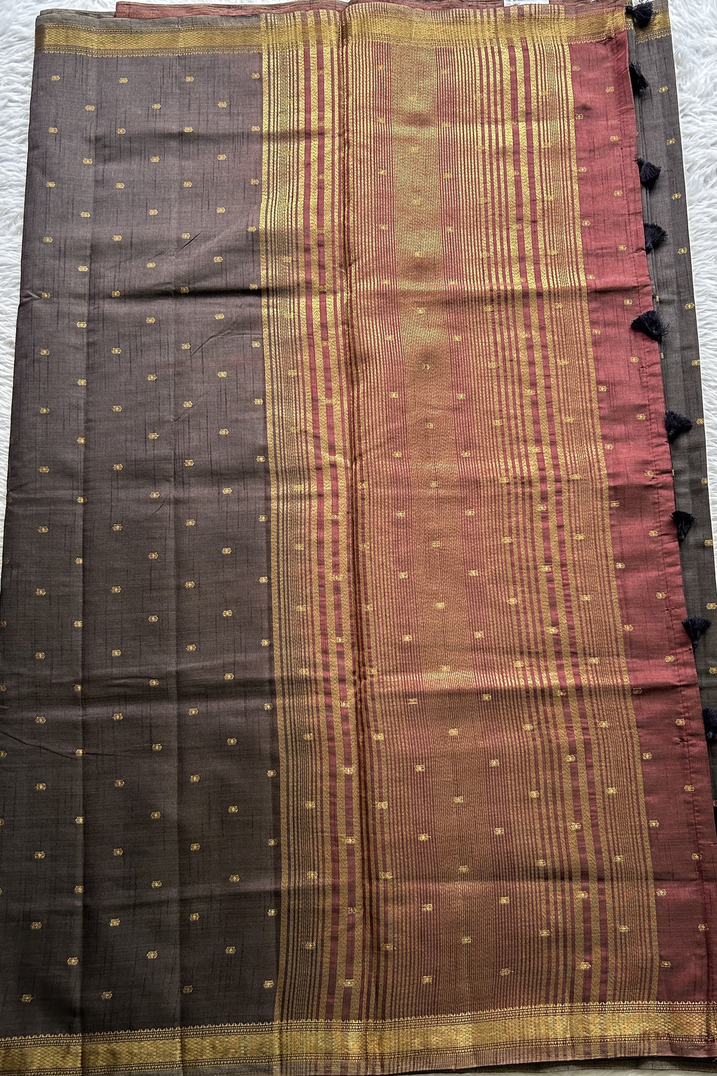 Semi Tussar Saree Snuff Colored Complemented with a Zari Border. - Sampradaya Designer Studio