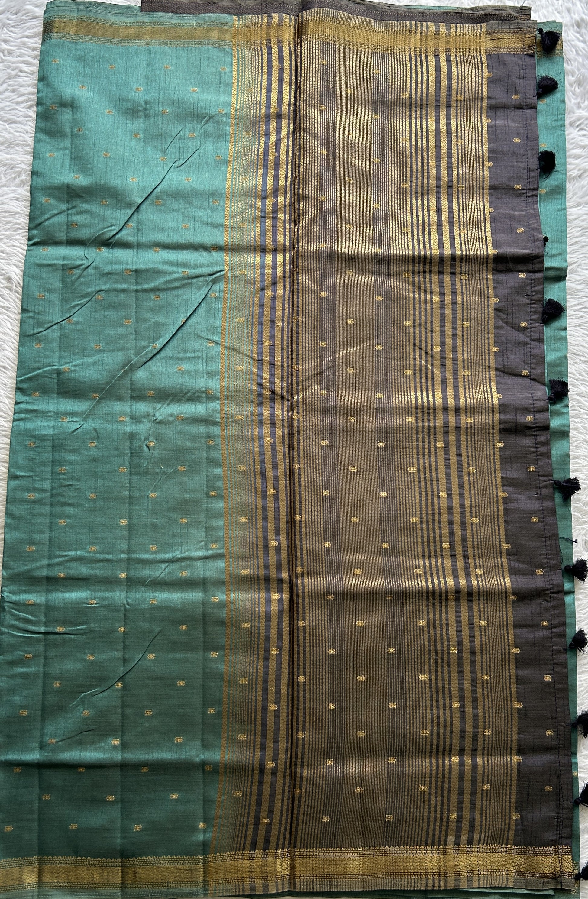 Semi Tussar Saree Sea Blue Colored Complemented with a Zari Border. - Sampradaya Designer Studio