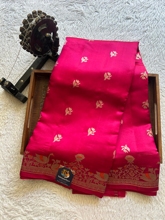 Pure Chiniya Silk Saree Barbie Pink Colored Elegantly Paired with a Silver Zari Border.