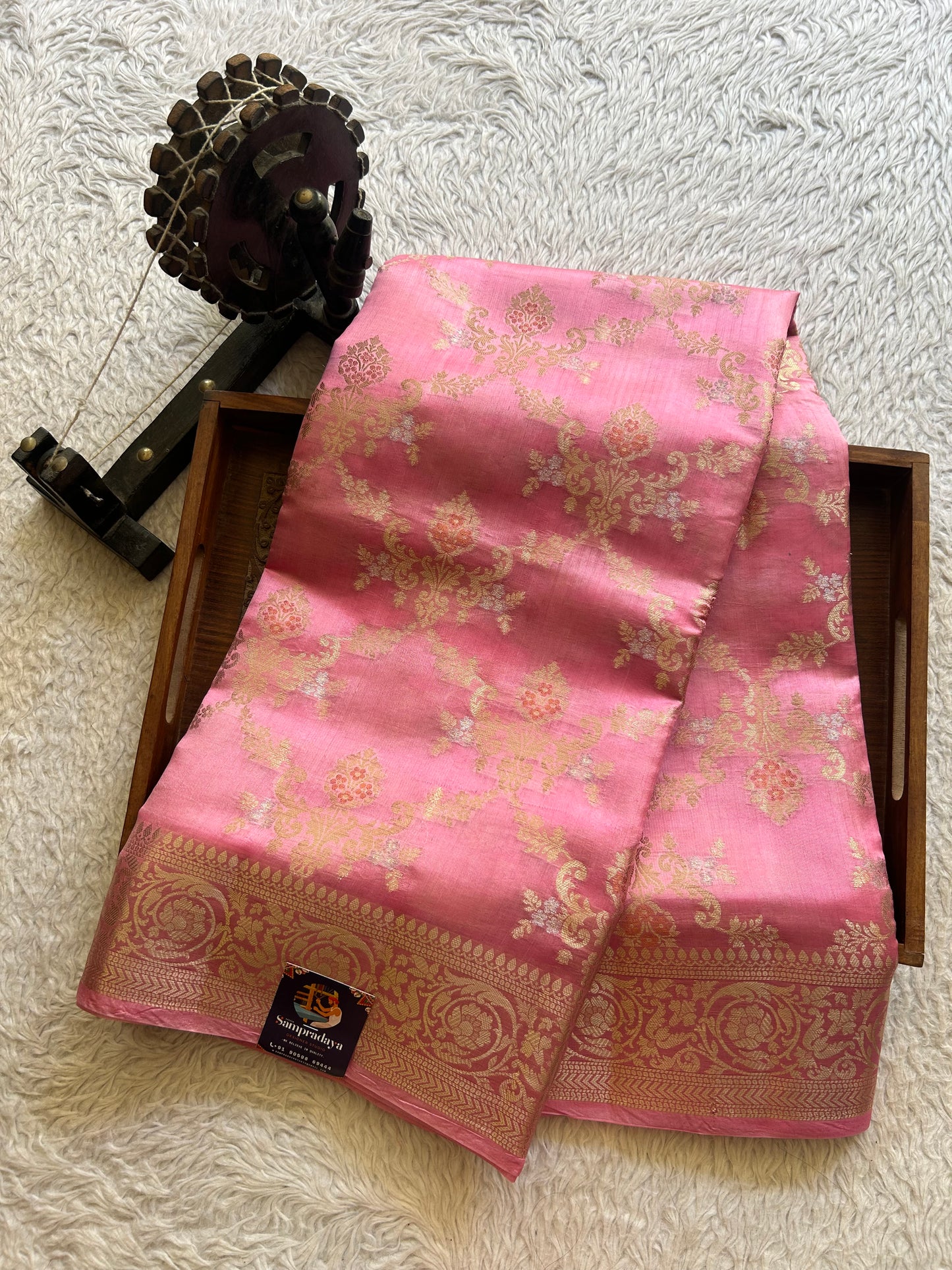 Pure Chiniya Silk Saree Bubblegum Pink Colored Elegantly Paired with a Silver Zari Border. - Sampradaya Designer Studio