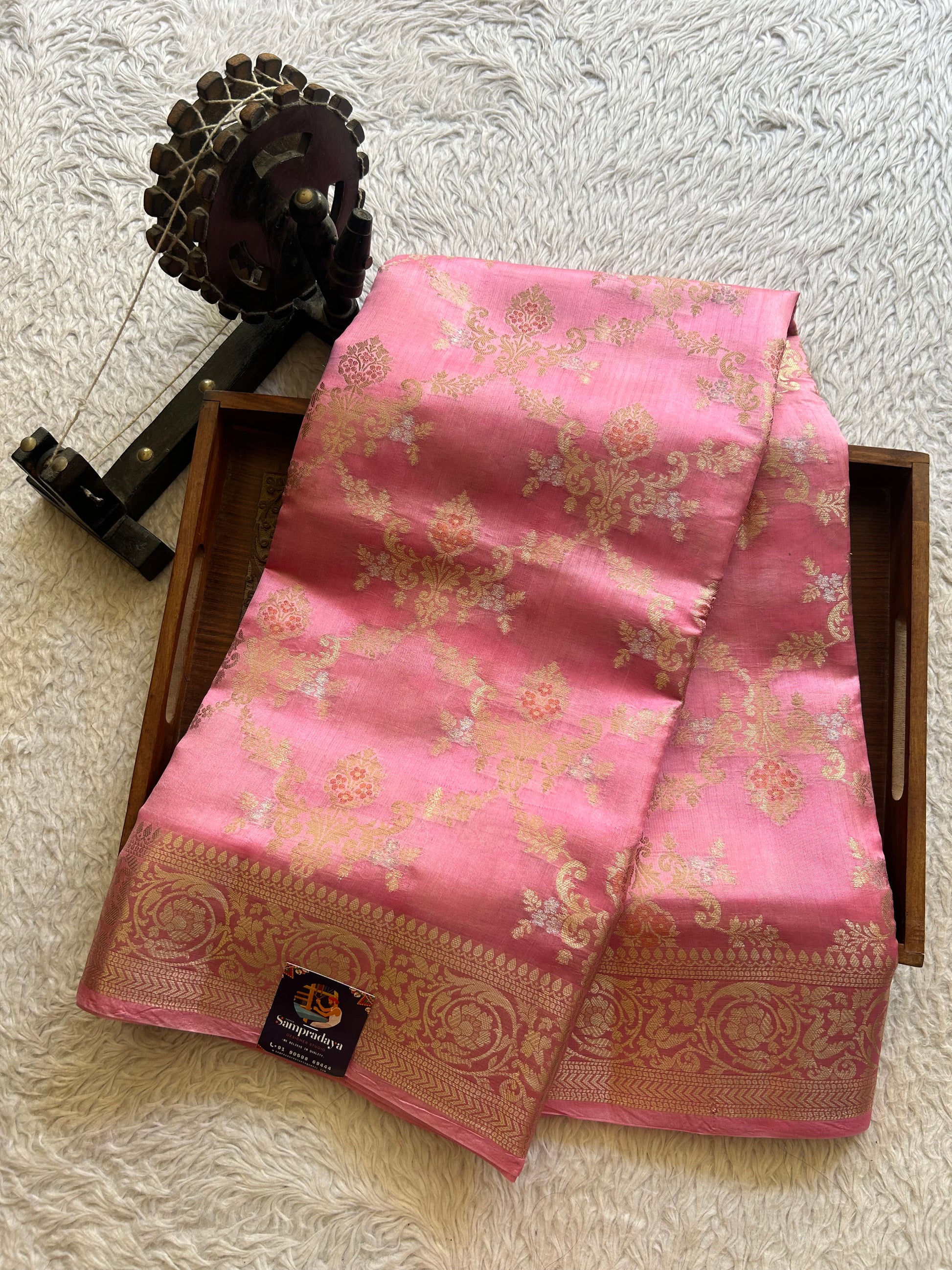 Pure Chiniya Silk Saree Bubblegum Pink Colored Elegantly Paired with a Silver Zari Border. - Sampradaya Designer Studio