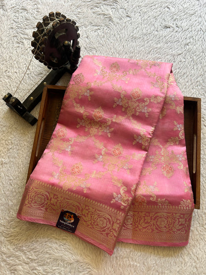 Pure Chiniya Silk Saree Bubblegum Pink Colored Elegantly Paired with a Silver Zari Border. - Sampradaya Designer Studio