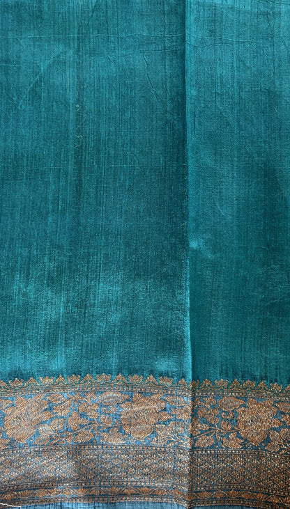 Banarasi Raw Silk Sarees Teal Blue Colored Saree Complemented With a Intricate Weaving Border - Sampradaya Designer Studio