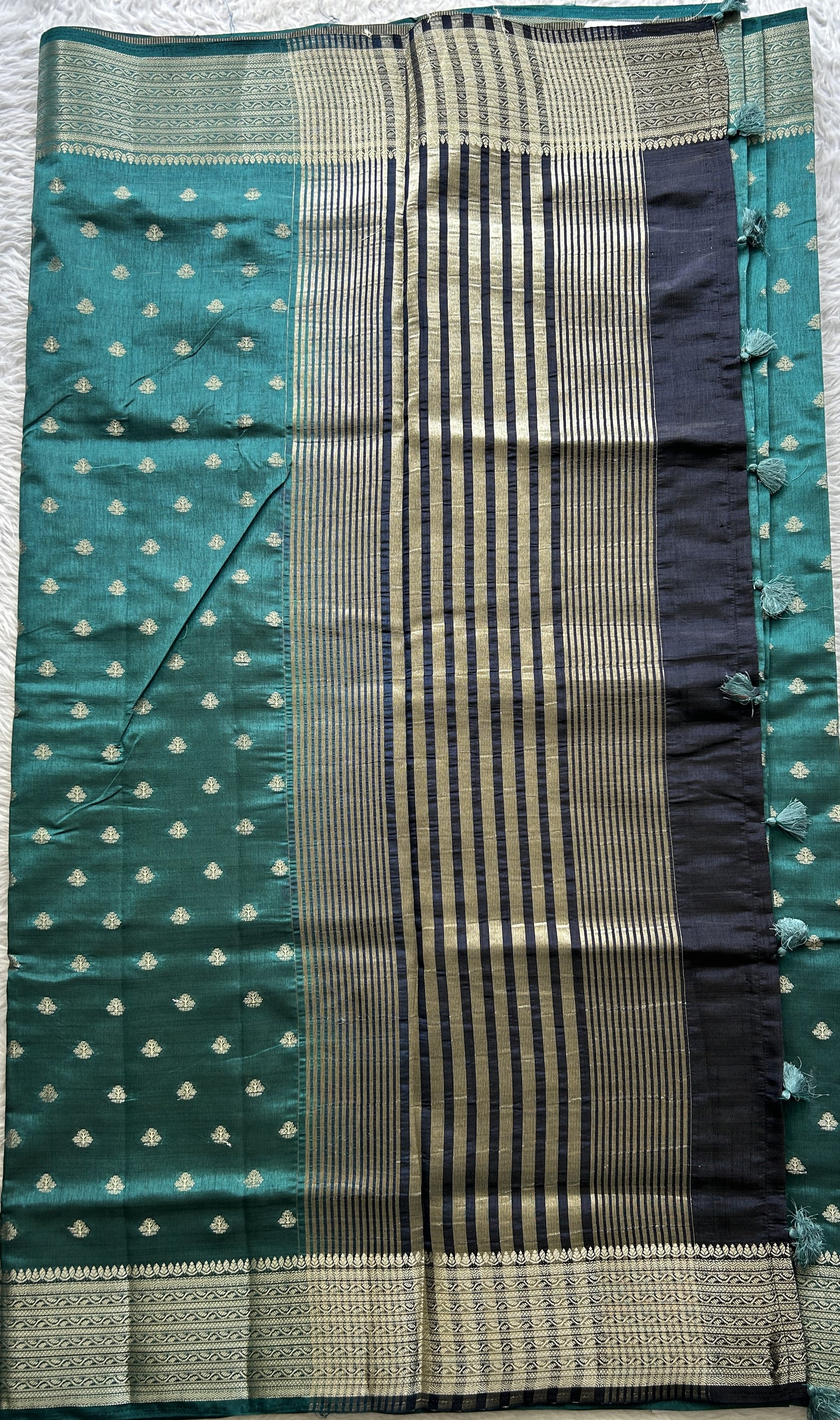 Semi Tussar Saree Teal Blue Colored Complemented with a Zari Border. - Sampradaya Designer Studio