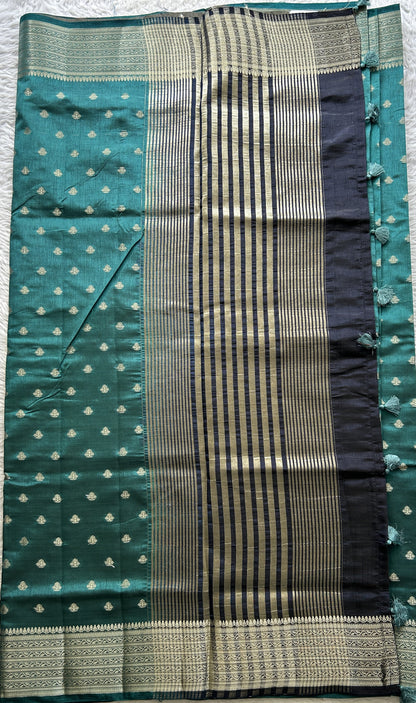 Semi Tussar Saree Teal Blue Colored Complemented with a Zari Border. - Sampradaya Designer Studio