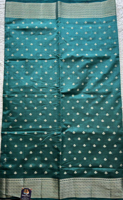 Semi Tussar Saree Teal Blue Colored Complemented with a Zari Border. - Sampradaya Designer Studio