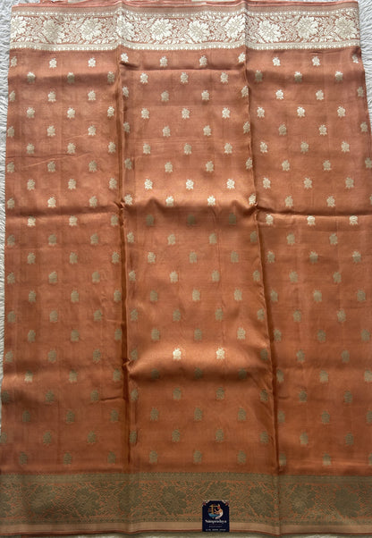 Semi Viscose Georgette Saree Light Peach Colored Paired with a Zari Border. - Sampradaya Designer Studio