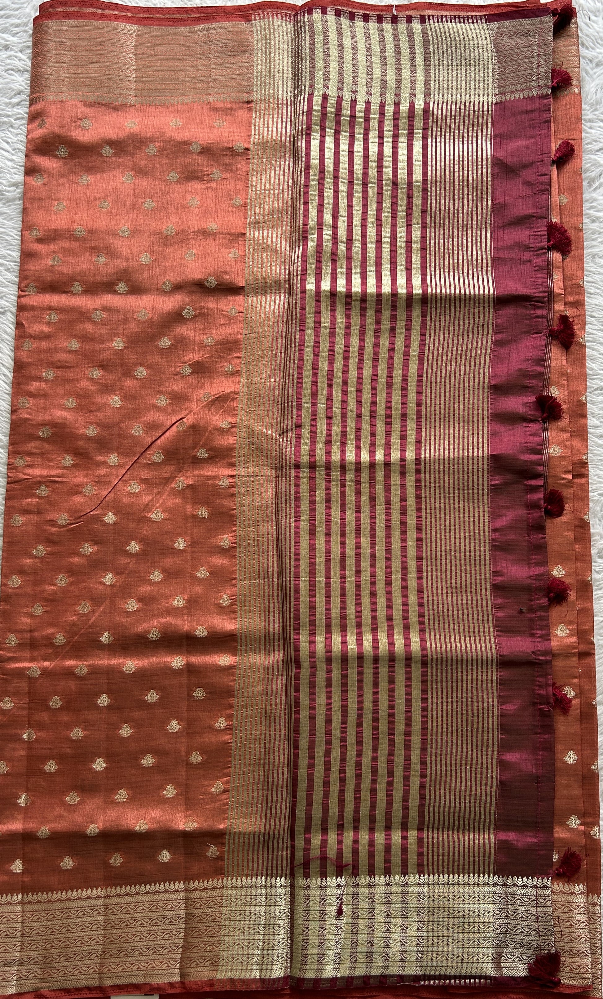 Semi Tussar Saree Peach Colored Complemented with a Zari Border. - Sampradaya Designer Studio