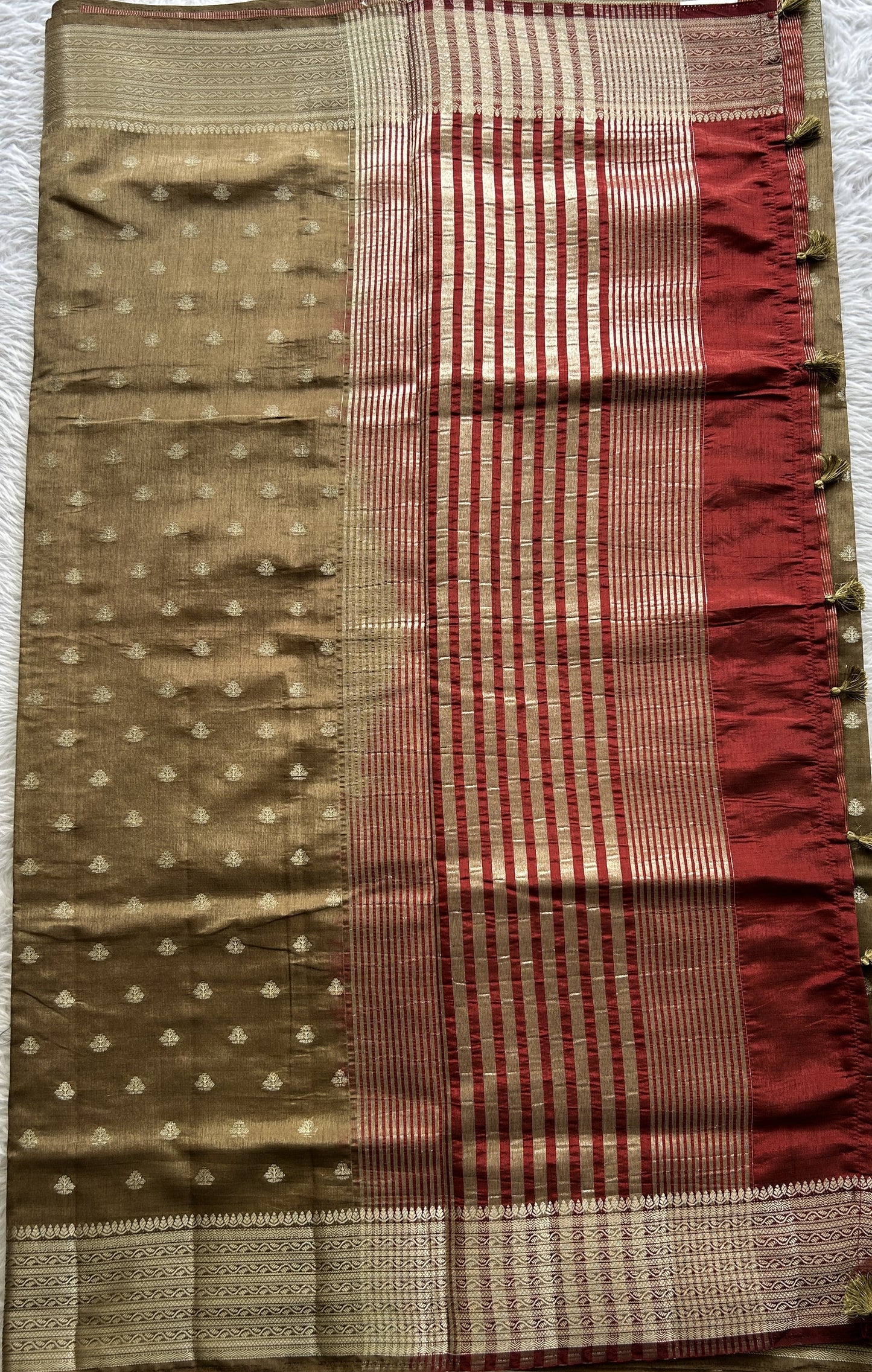 Semi Tussar Saree Dark Olive Green Colored Complemented with a Zari Border. - Sampradaya Designer Studio