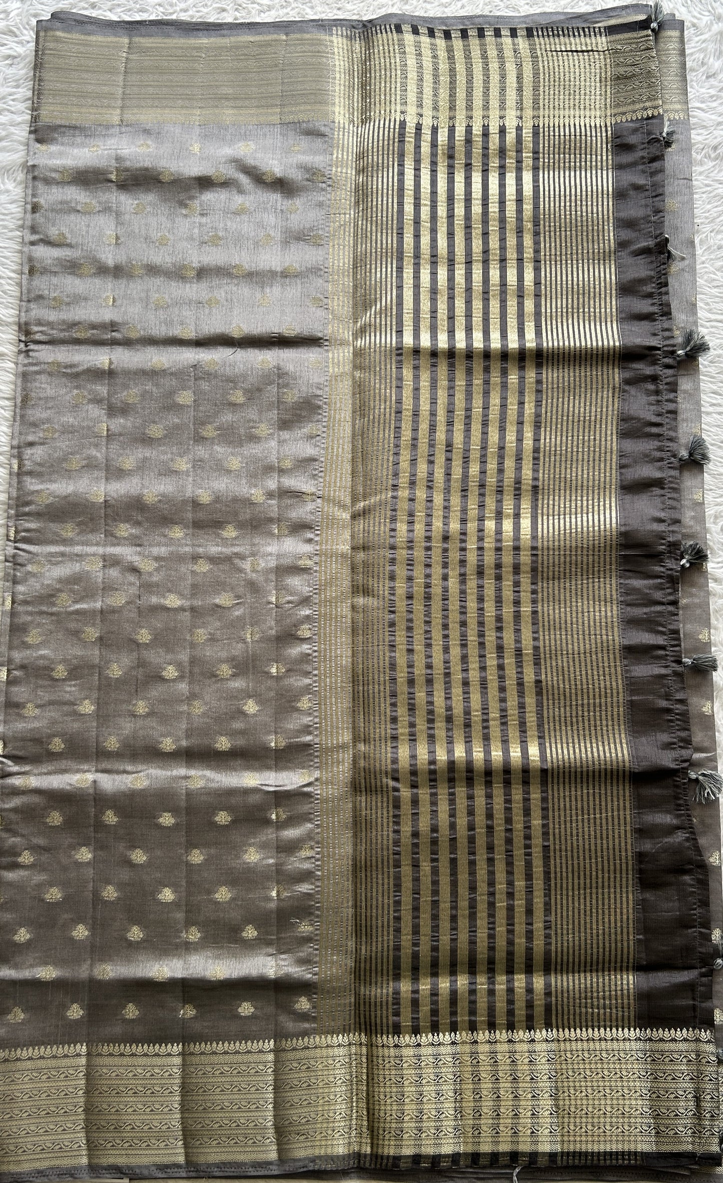 Semi Tussar Saree Gray Colored Complemented with a Zari Border. - Sampradaya Designer Studio